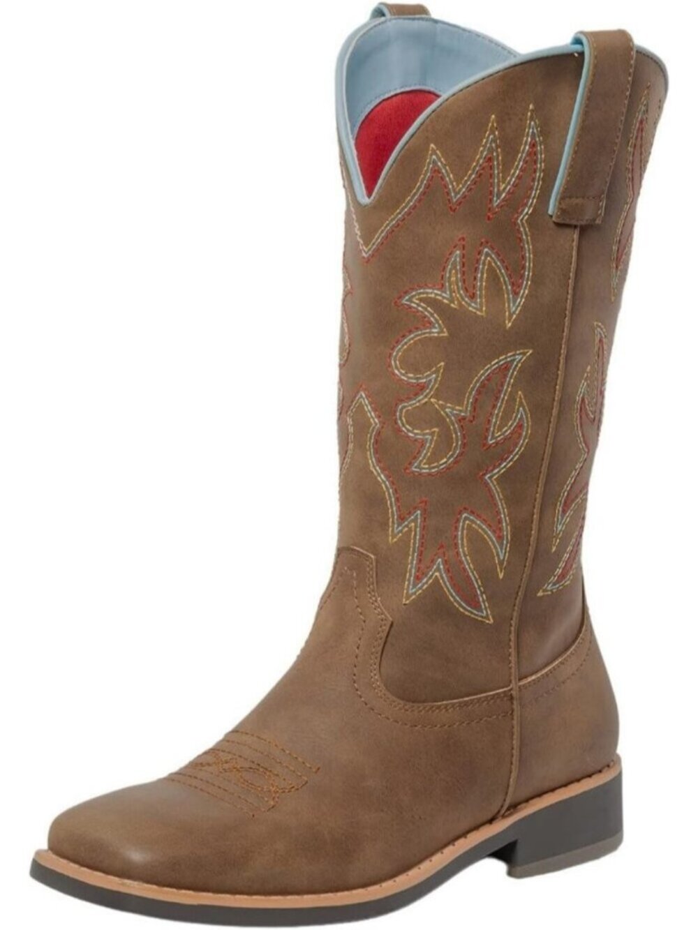 Women's Brown Calf Western Square Toe Cowgirl Boots Embroidered Pull On Non Slip